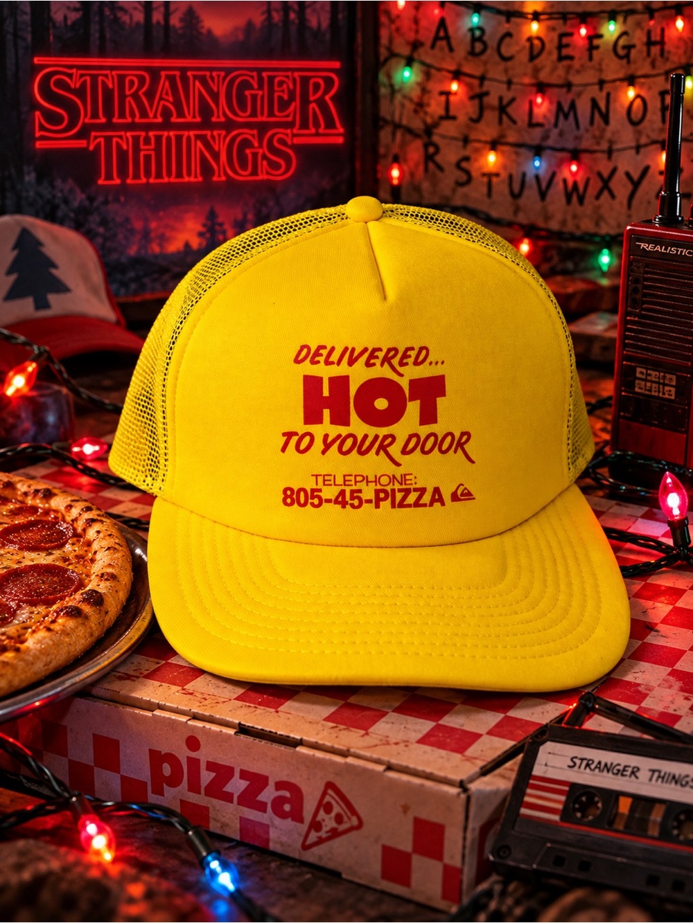Quiksilver x Stranger Things Surfer Boy Pizza Yellow Trucker Hat Snapback Cap TV